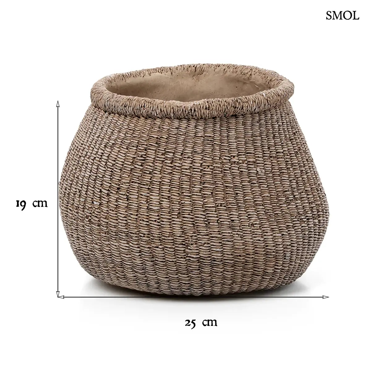 Barna betonkaspó fonott mintázattal, gömbölyű forma, L méret, 25×19 cm, méretekkel