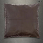 Négypaneles csokoládébarna valódi bőr díszpárnahuzat 60x60 cm-es méretben, prémium borjúbőrből, szürke háttérrel