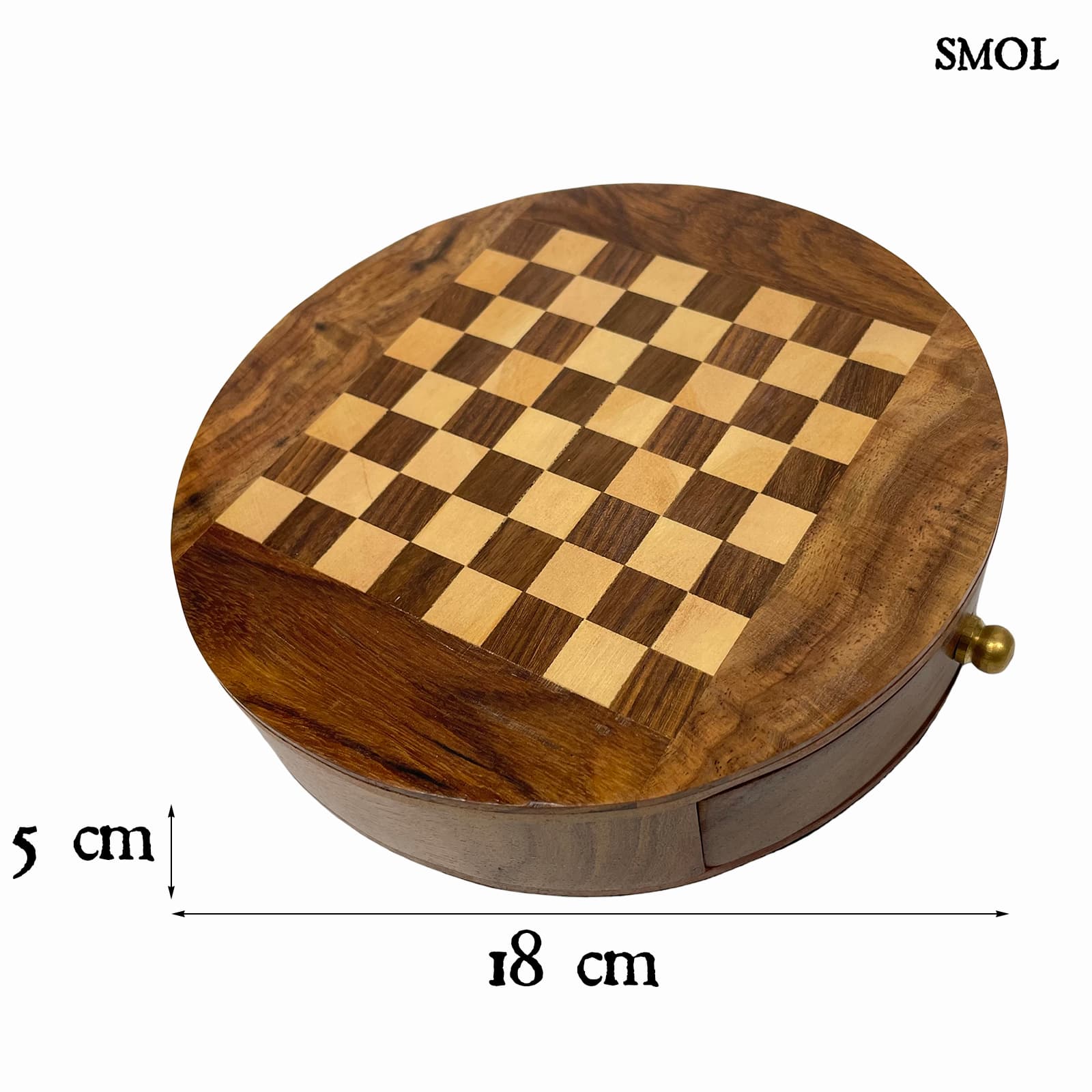 smol.hu -CHECKMATE, sakk játék, kerek, mangófa dobozban,⌀ 18 cm méretekkel