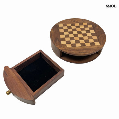 smol.hu -CHECKMATE, sakk játék, kerek, mangófa dobozban,⌀ 18 cm fiók teljesen kihúzva