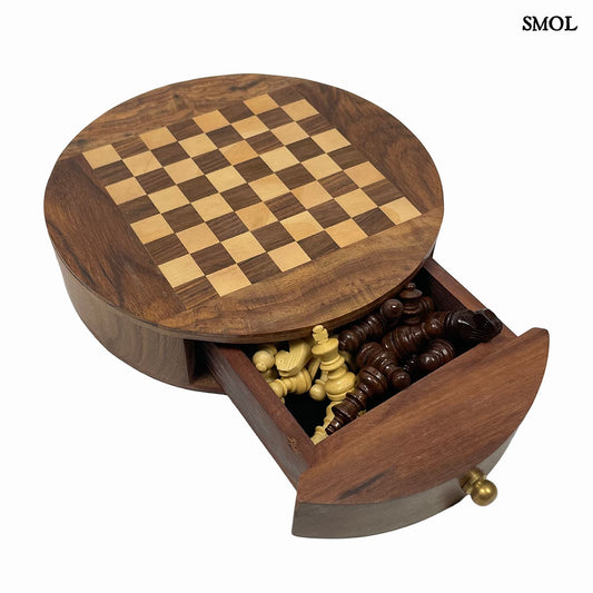 smol.hu -CHECKMATE, sakk játék, kerek, mangófa dobozban,⌀ 18 cm termékképe