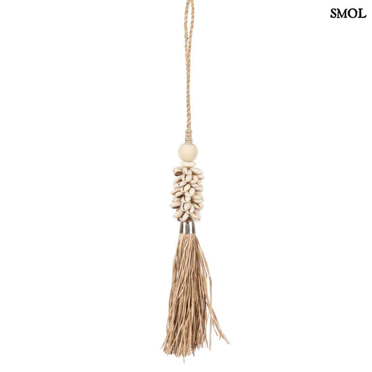 COWRIE RAFFIA, natúr, kagylós függő dekoráció, 40 cm - smol.hu - fehér háttérrel