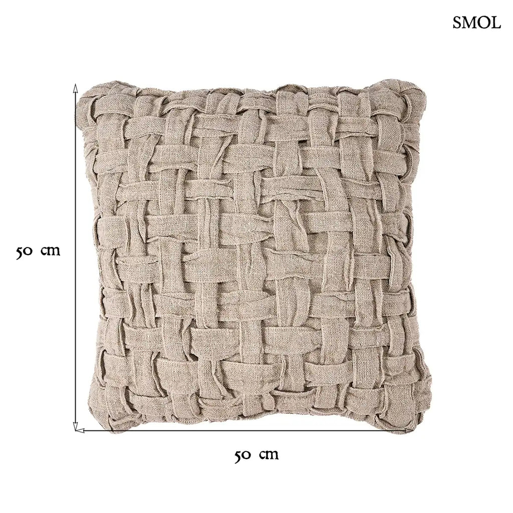 LINEN CROSIER fonott lenvászon díszpárnahuzat natúr színben, 50×50 cm, kézzel készített, méretekkel
