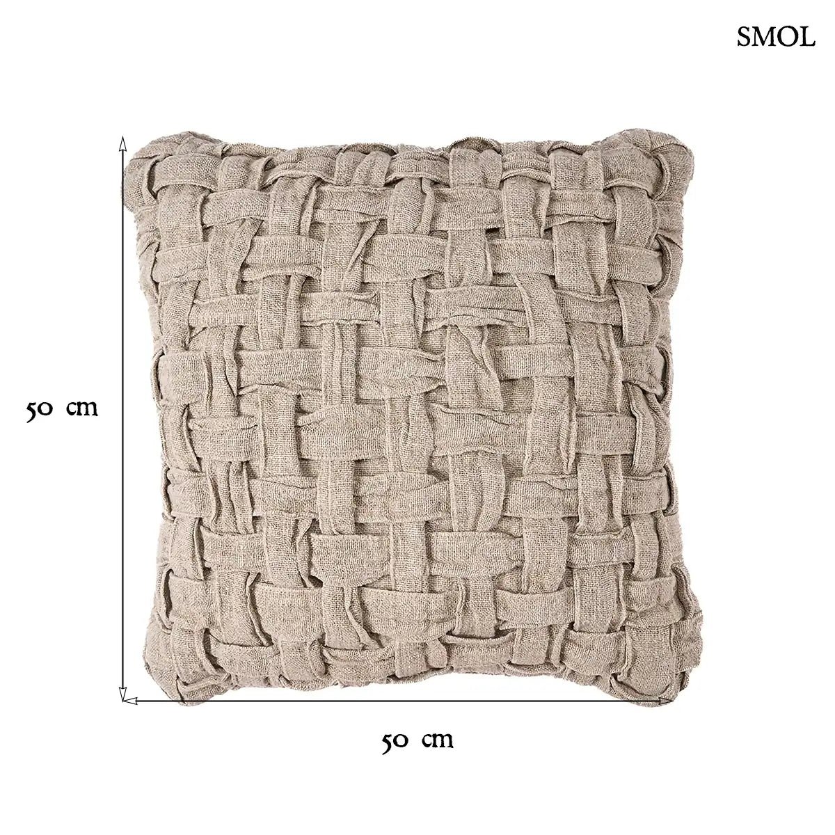 LINEN CROSIER fonott lenvászon díszpárnahuzat natúr színben, 50×50 cm, kézzel készített, méretekkel