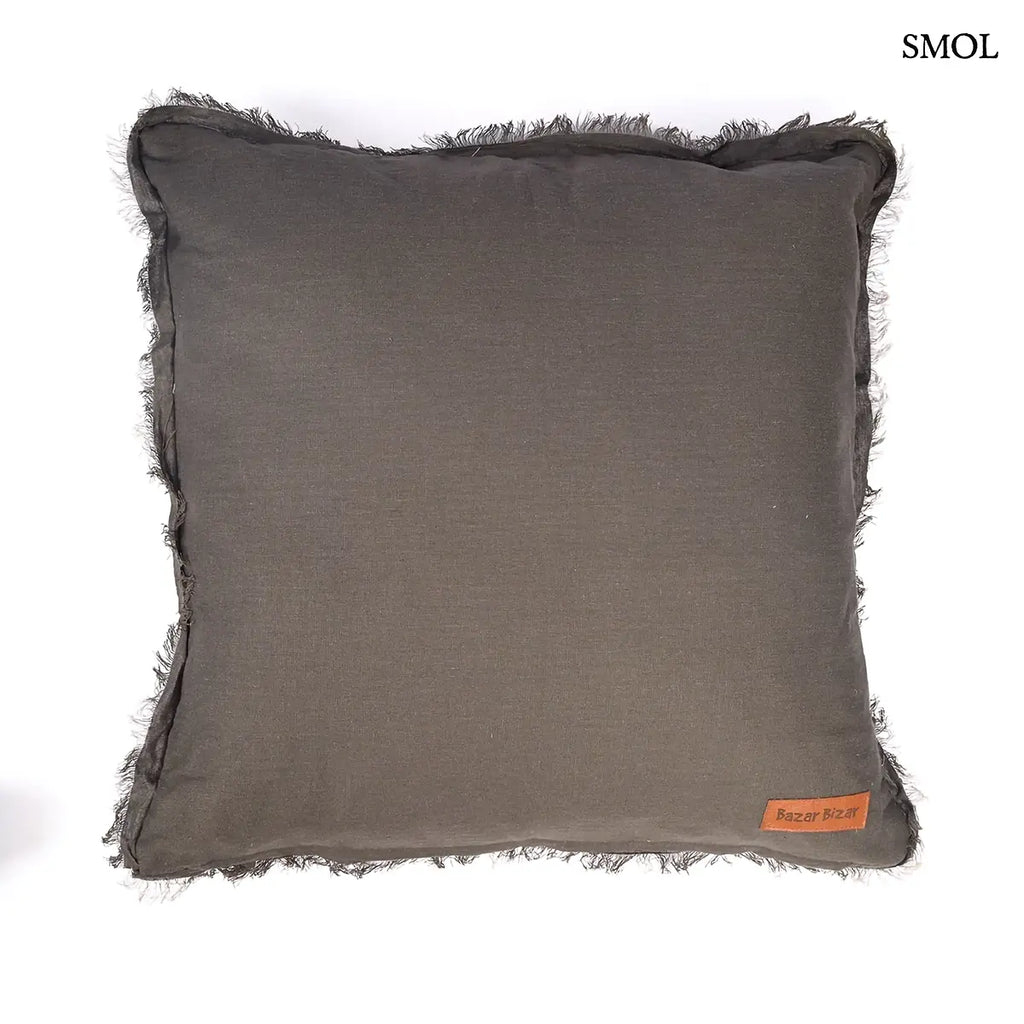 SMOKY VIBE szürke lenvászon díszpárnahuzat rojtos szegéllyel, 50×50 cm, hátulról