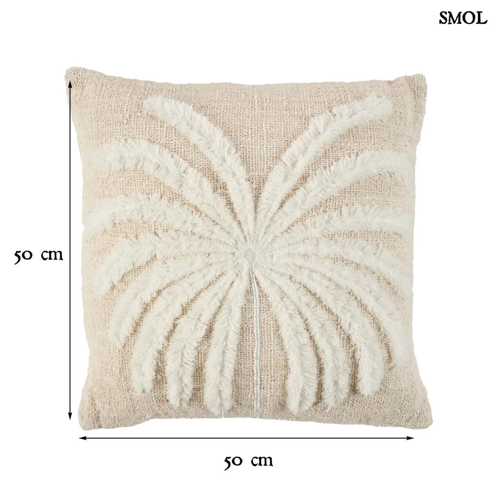 Pálmaleveles díszpárnahuzat natúr-fehér színben, textúrált, boho stílusú pamut és raffia anyagból méretekkel