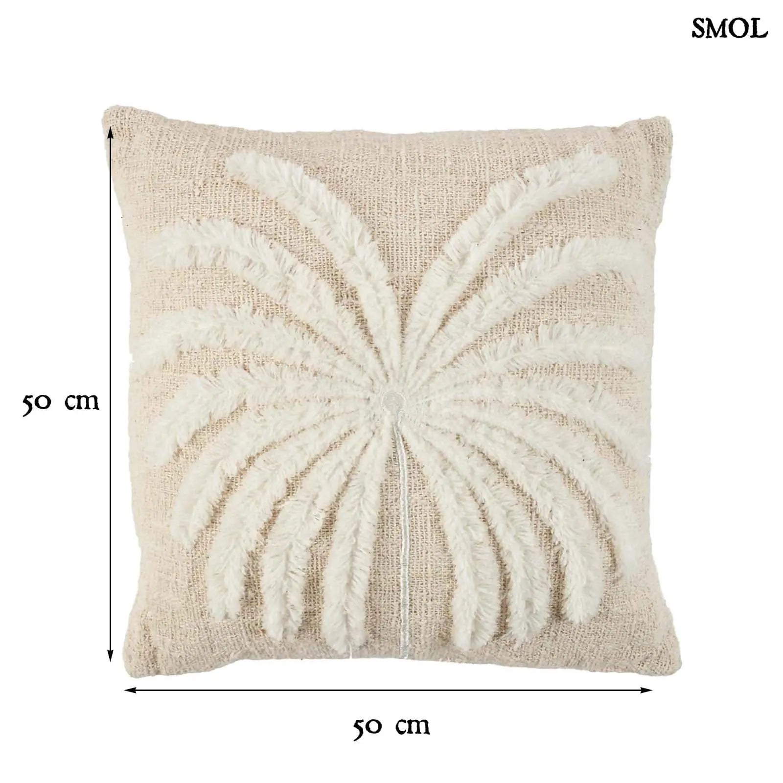 Pálmaleveles díszpárnahuzat natúr-fehér színben, textúrált, boho stílusú pamut és raffia anyagból méretekkel