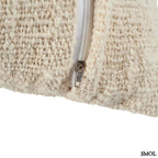 Pálmaleveles díszpárnahuzat natúr-fehér színben, textúrált, boho stílusú pamut és raffia anyagból cipzár nagyítva