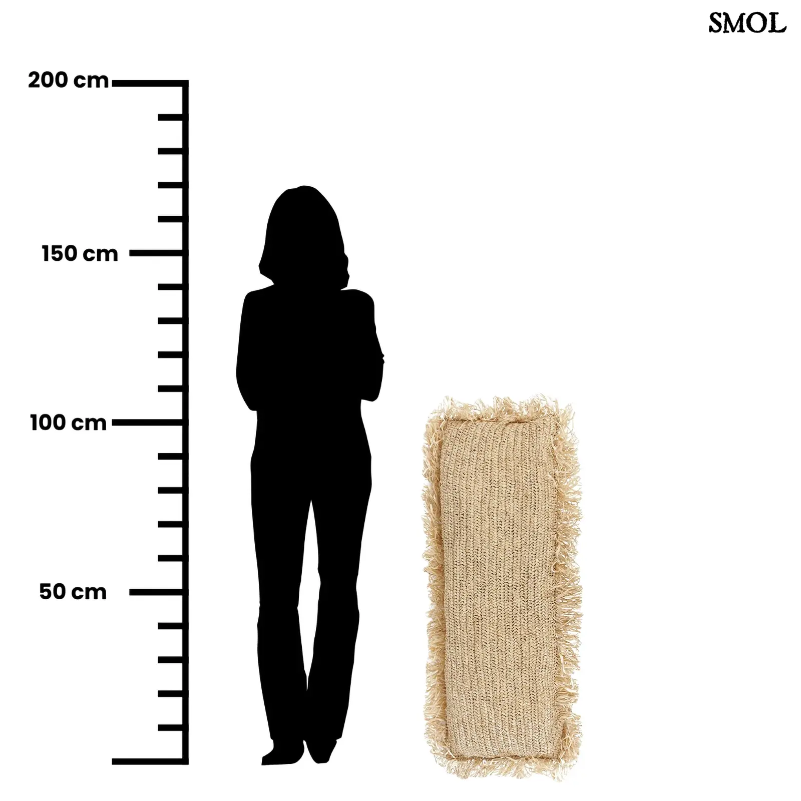 Kézzel szőtt, natúr raffia díszpárnahuzat (35x100), téglalap alakú, hosszú rojtos szegéllyel méretarányosan