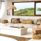 Kézzel szőtt, natúr raffia díszpárnahuzat (35x100), téglalap alakú, hosszú rojtos szegéllyel teraszon