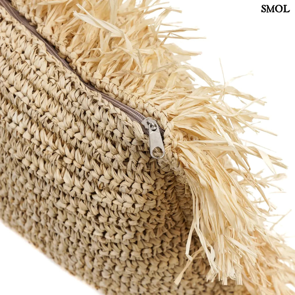 Kézzel szőtt, natúr raffia díszpárnahuzat (35x100), téglalap alakú, hosszú rojtos szegéllyel cipzár nagyítva