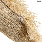 Kézzel szőtt, natúr raffia díszpárnahuzat (35x100), téglalap alakú, hosszú rojtos szegéllyel cipzár nagyítva