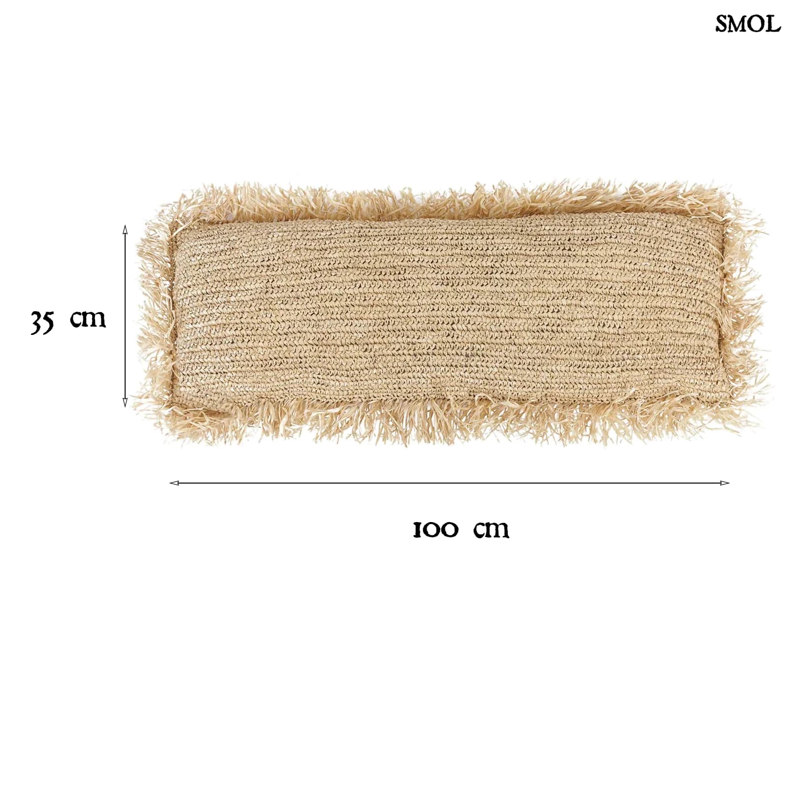 Kézzel szőtt, natúr raffia díszpárnahuzat (35x100), téglalap alakú, hosszú rojtos szegéllyel méretekkel