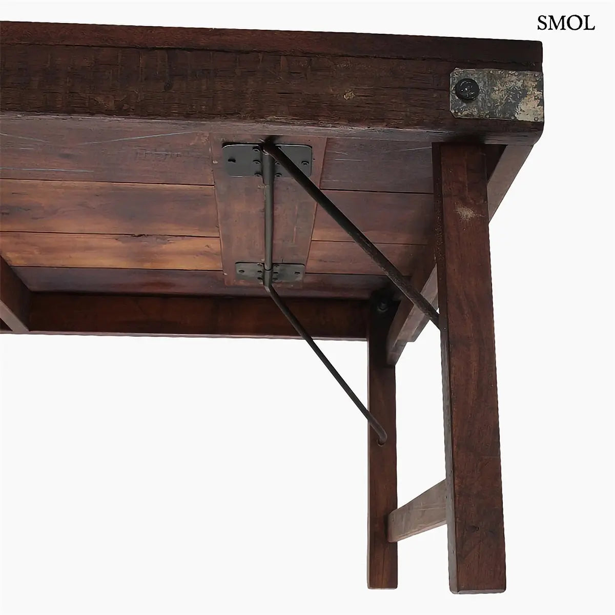 FACTORY összecsukható dohányzóasztal újrahasznosított fából, fém sarkokkal – 120 × 45 × 75 cm, alulról