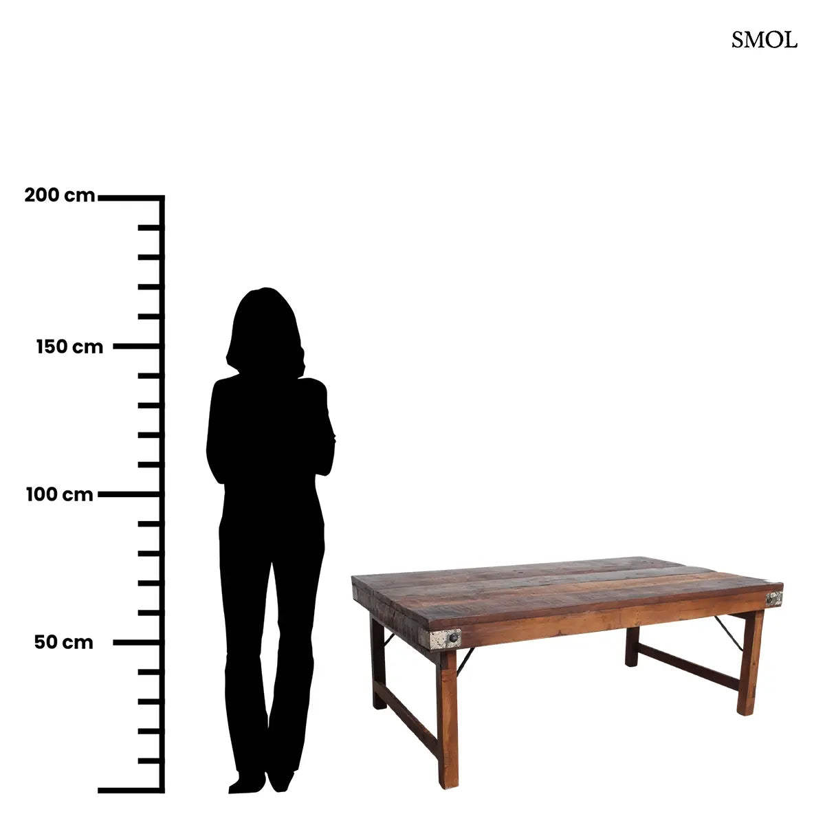 FACTORY összecsukható dohányzóasztal újrahasznosított fából, fém sarkokkal – 120 × 45 × 75 cm, méretarányosan