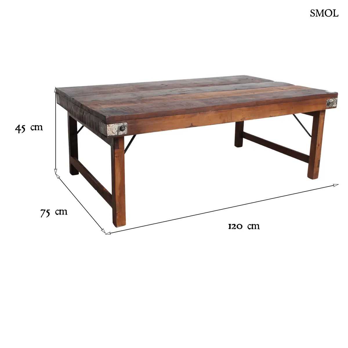 FACTORY összecsukható dohányzóasztal újrahasznosított fából, fém sarkokkal – 120 × 45 × 75 cm, méretekkel