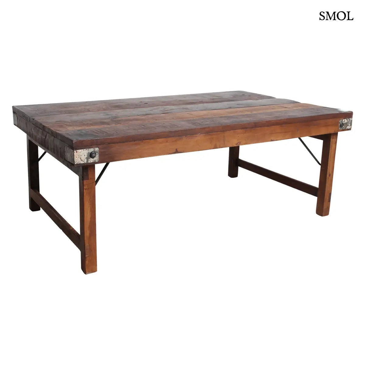 FACTORY összecsukható dohányzóasztal újrahasznosított fából, fém sarkokkal – 120 × 45 × 75 cm, fehér háttérrel