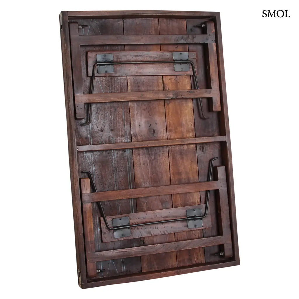FACTORY összecsukható dohányzóasztal újrahasznosított fából, fém sarkokkal – 120 × 45 × 75 cm , összecsukva, alulról