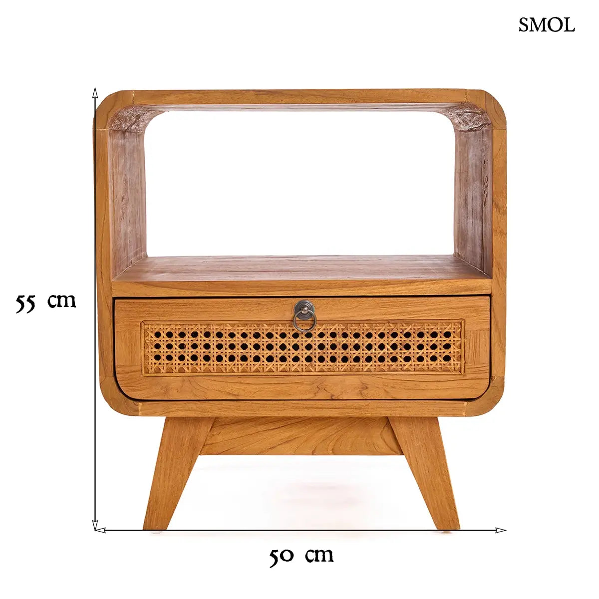 Natúr teak fa éjjeliszekrény rattan fonott fiókkal és nyitott polccal, 50×55 cm, méretekkel