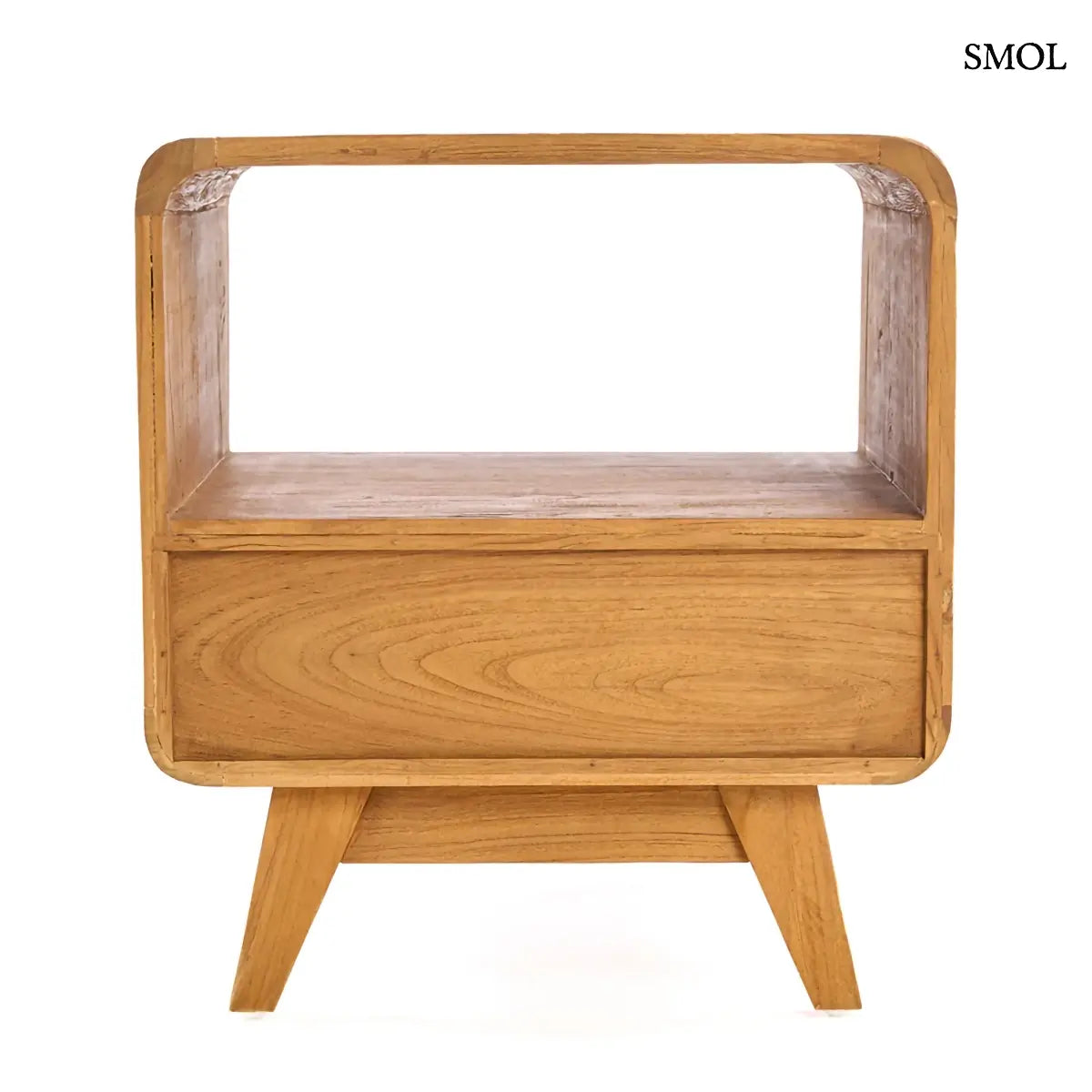 Natúr teak fa éjjeliszekrény rattan fonott fiókkal és nyitott polccal, 50×55 cm, hátulról