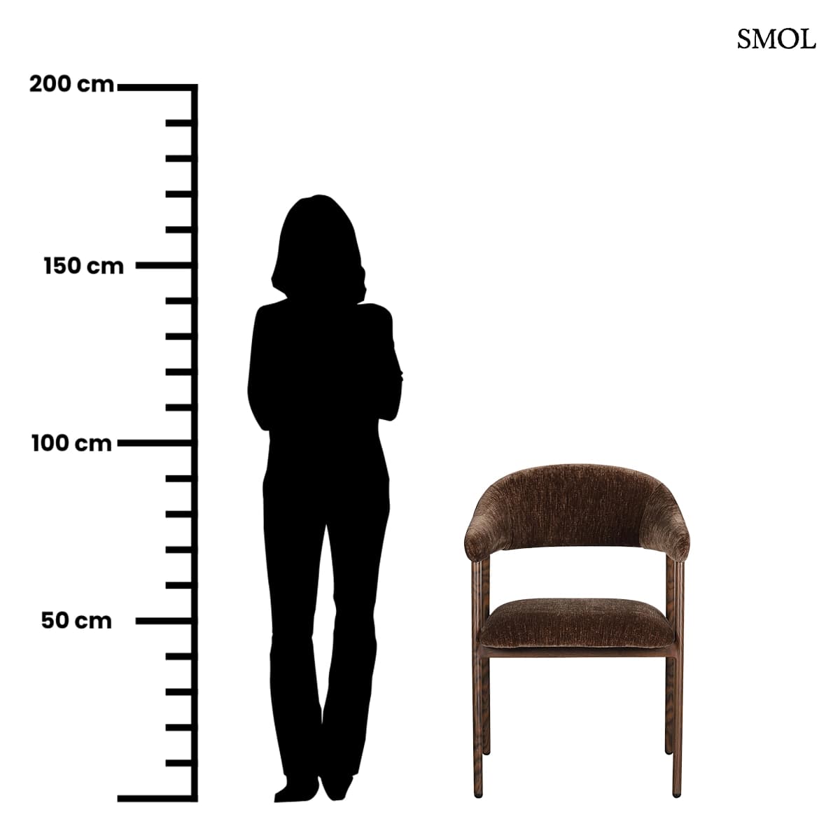 SCANDI UMBER étkezőszék mélybarna zsenília kárpittal, karfával, fa hatású fém lábakon, 2 db/szett, méretarányosan