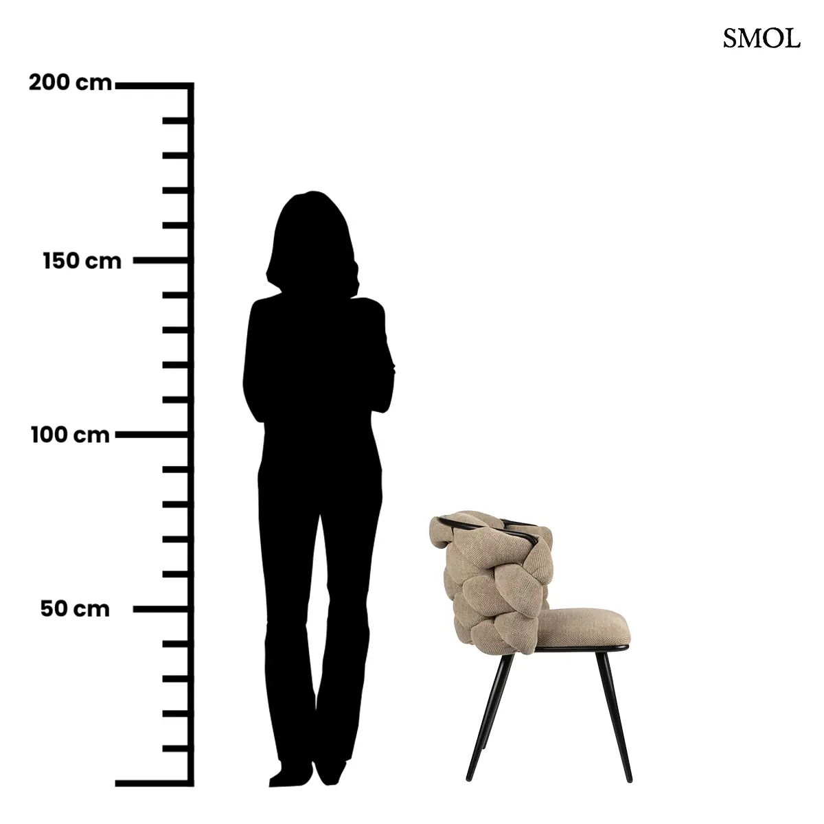 ROCK étkezőszék fonott 3D háttámlával, barna szövettel, karfával, fekete kúpos fém lábakon, 2 db/szett,  méretarányosan