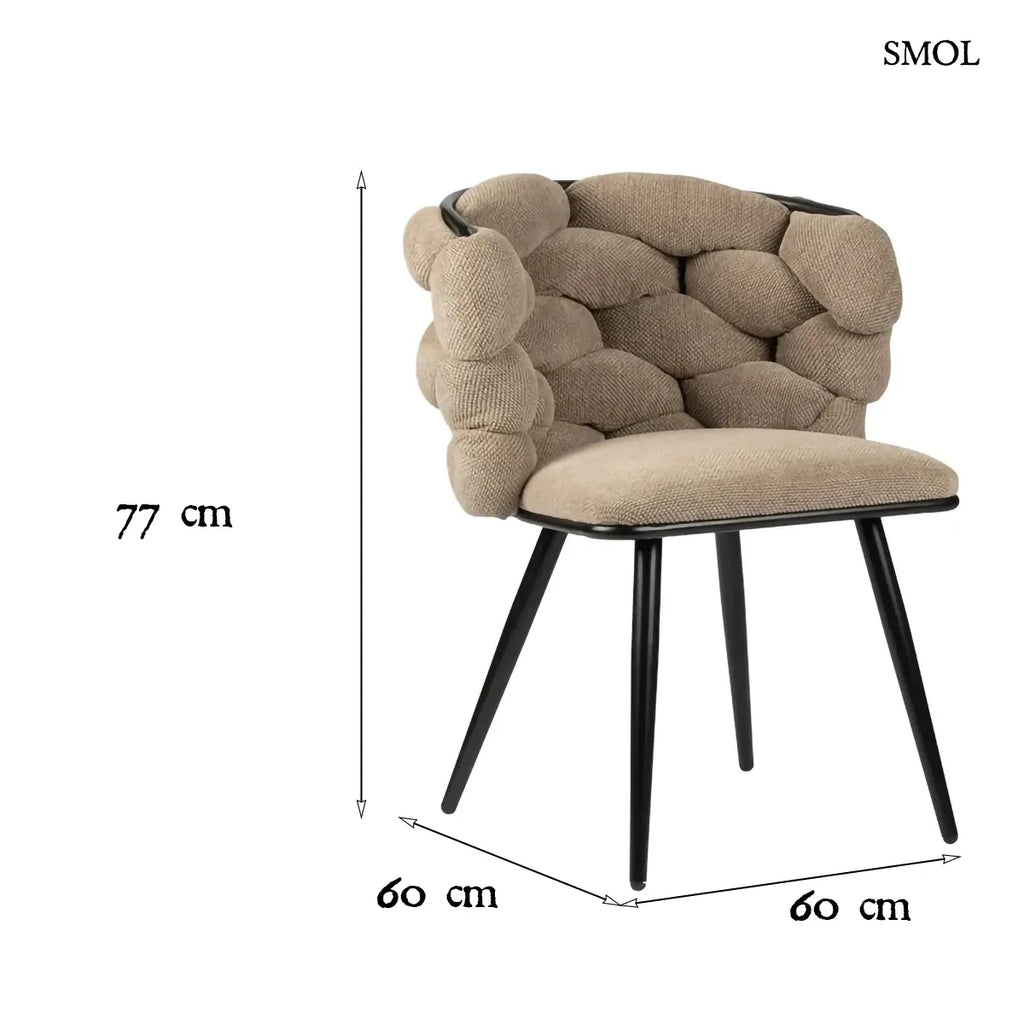 ROCK étkezőszék fonott 3D háttámlával, barna szövettel, karfával, fekete kúpos fém lábakon, 2 db/szett, méretekkel