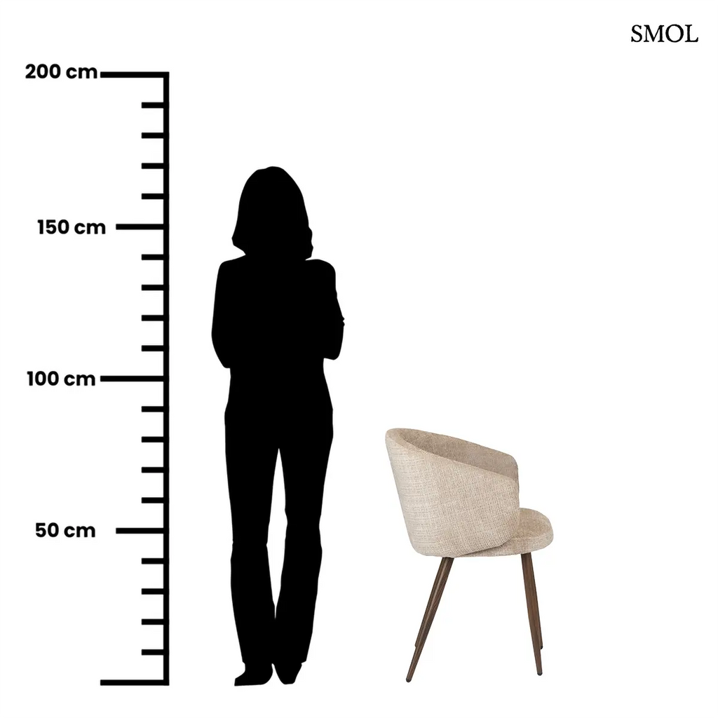 Krém karfás étkezőszék ergonomikus háttámlával és fa hatású fém lábakkal, 2 darabos szett, méretarányosan