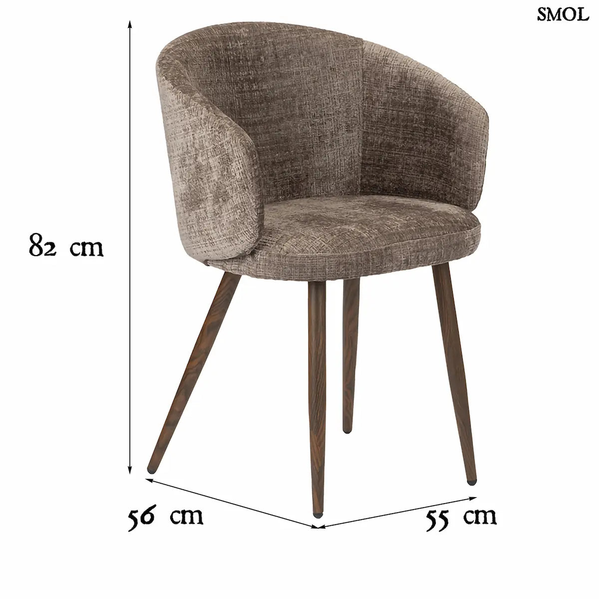 LUNA MINK étkezőszék taupe zsenília kárpittal, ölelő karfával, fa hatású fém lábakon, 2 db/szett, méretekkel