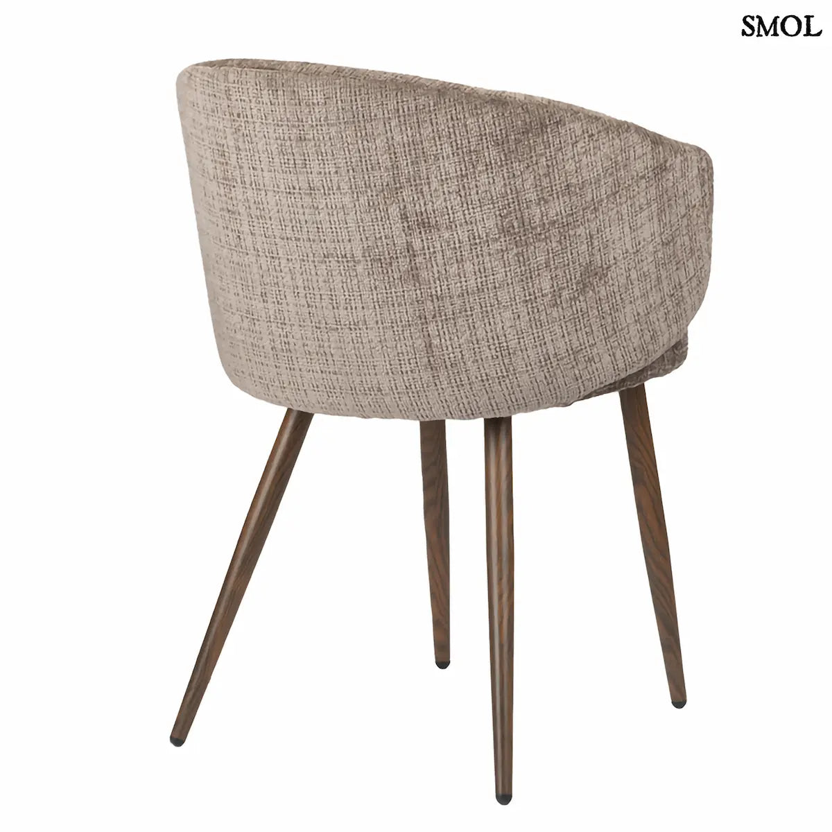 LUNA MINK étkezőszék taupe zsenília kárpittal, ölelő karfával, fa hatású fém lábakon, 2 db/szett,  hátra forgatva