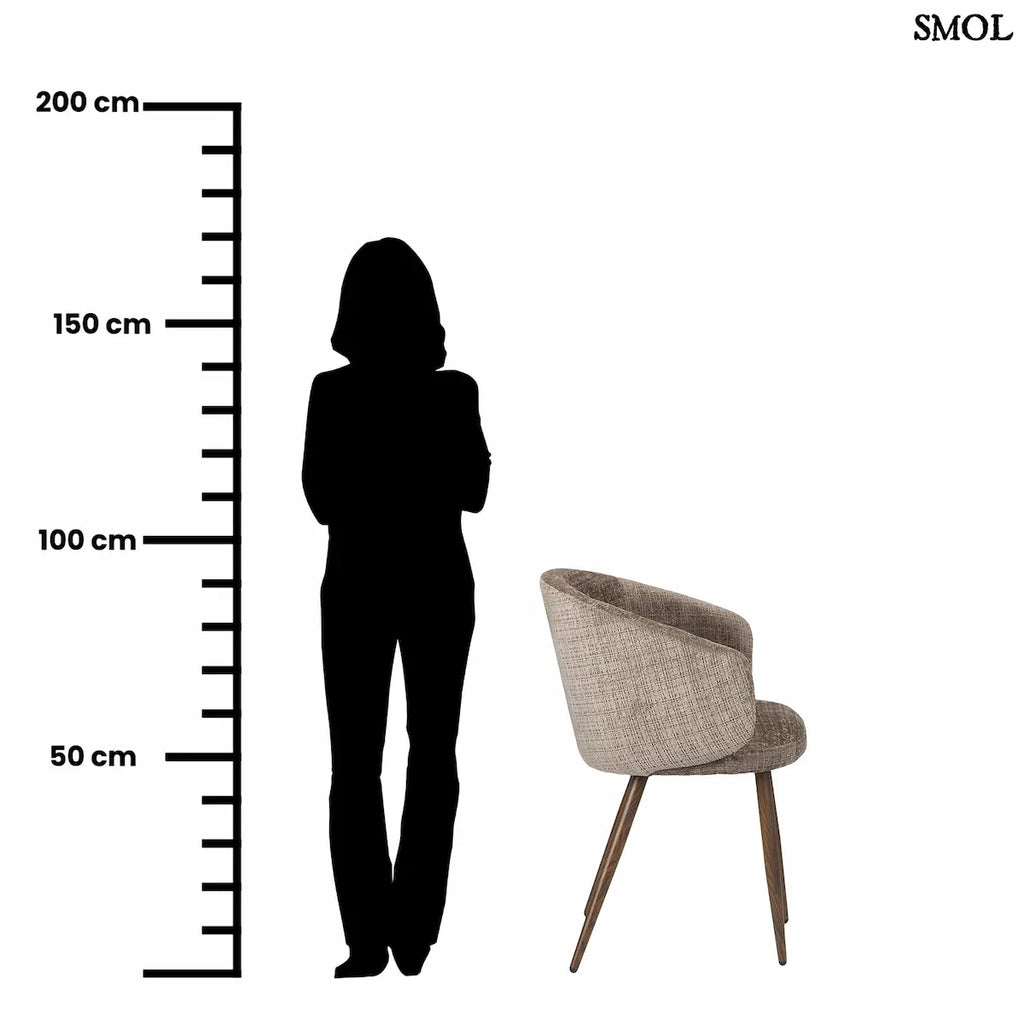 LUNA MINK étkezőszék taupe zsenília kárpittal, ölelő karfával, fa hatású fém lábakon, 2 db/szett, méretarányosan