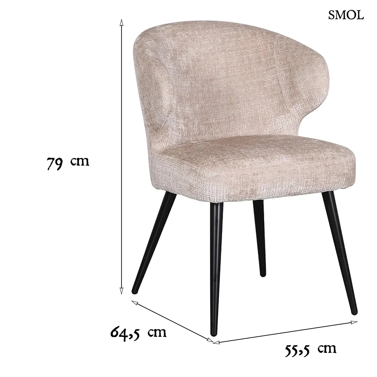 MERA étkezőszék krém zsenília kárpittal, ívelt háttámlával, fekete kúpos fémlábakon, 2 db/szett, méretekkel