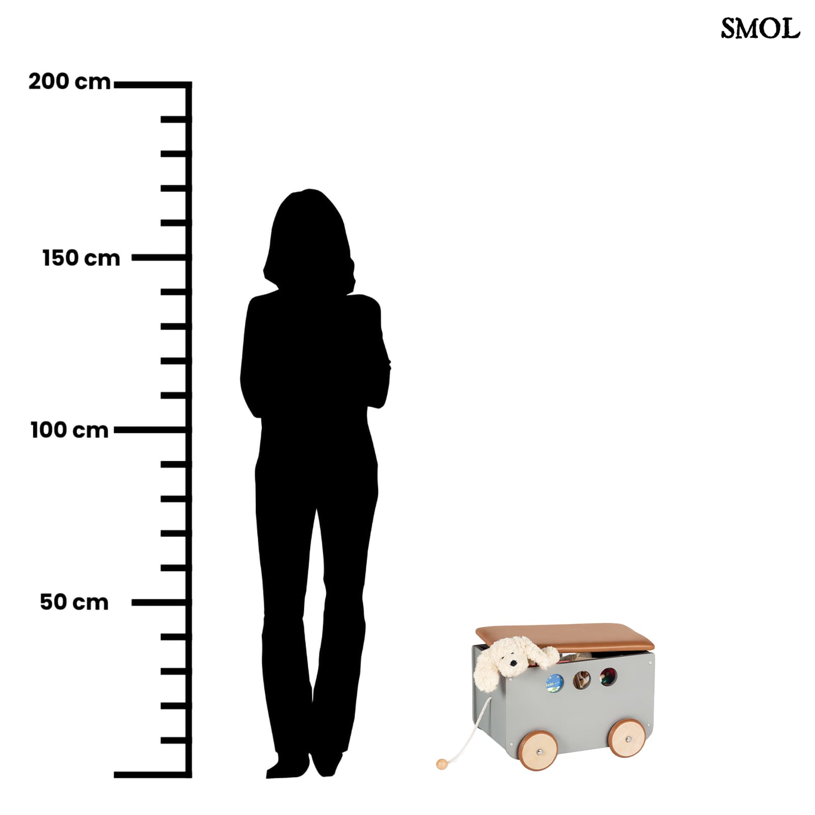 Fa Játékdoboz Kerekeken, szürke | JIM | SMOL - méretarányosan, felnőttel