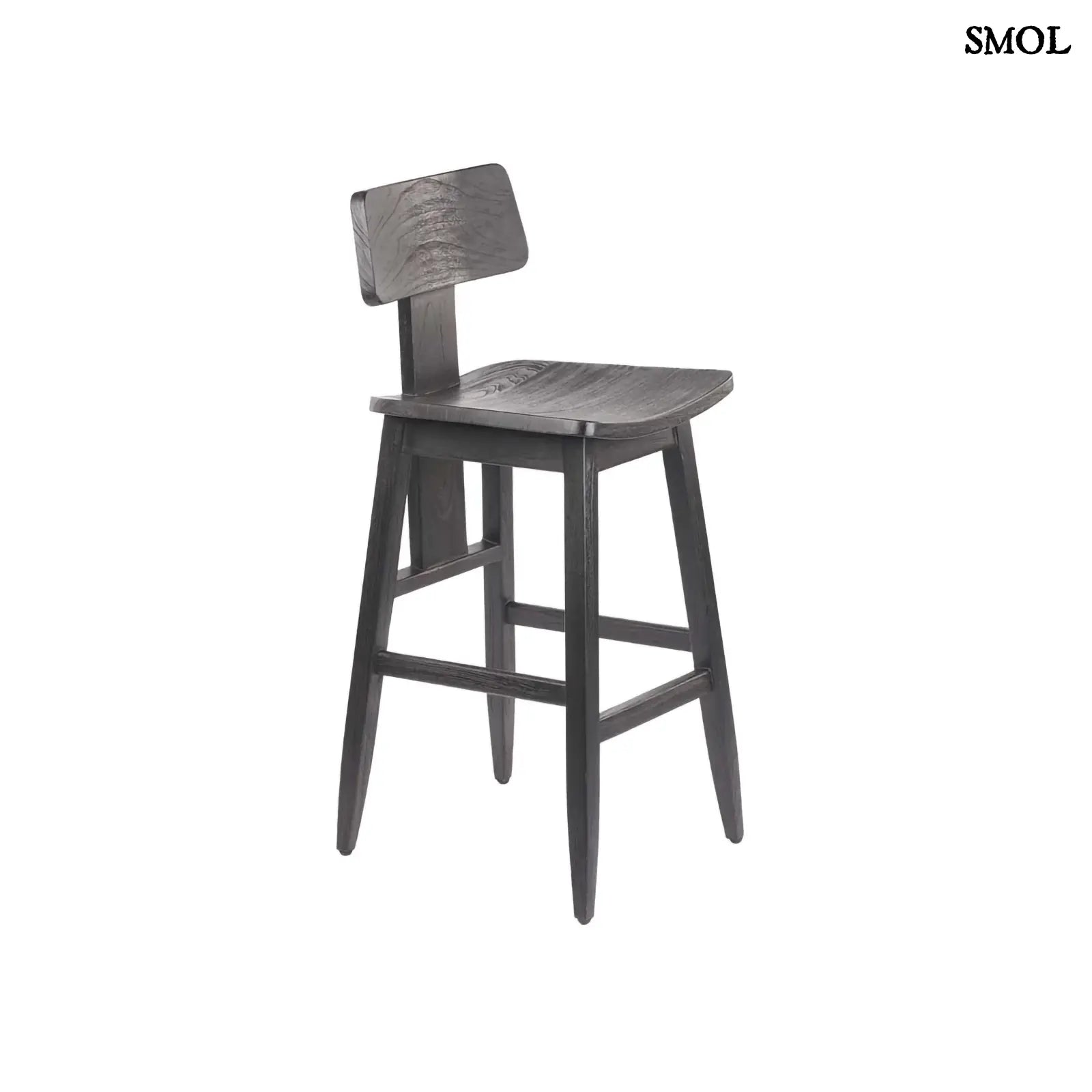 Fekete fa bárszék LovYa, tömör teakfa háttámlával, modern konyhaszigethez fehér háttérrel