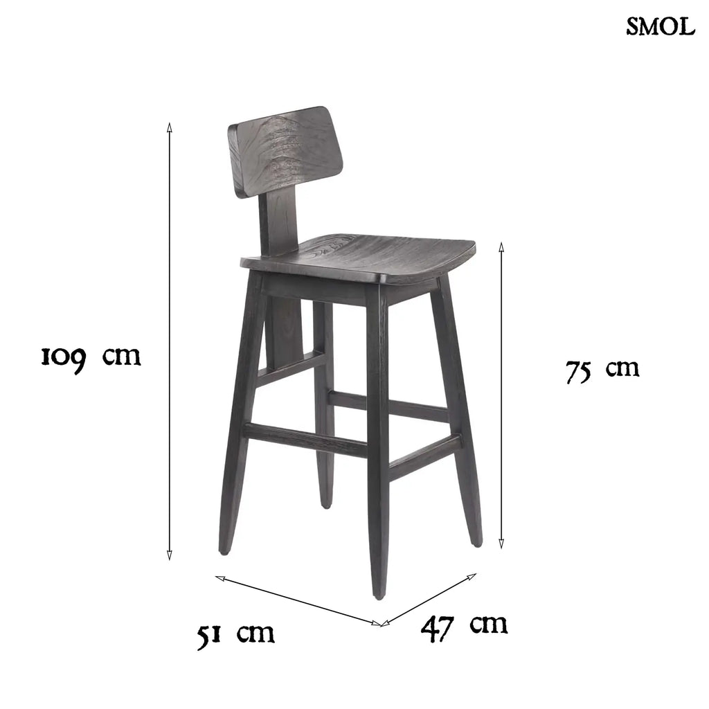 Fekete fa bárszék LovYa, tömör teakfa háttámlával, modern konyhaszigethez méretekkel