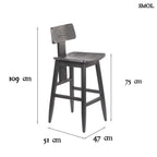 Fekete fa bárszék LovYa, tömör teakfa háttámlával, modern konyhaszigethez méretekkel