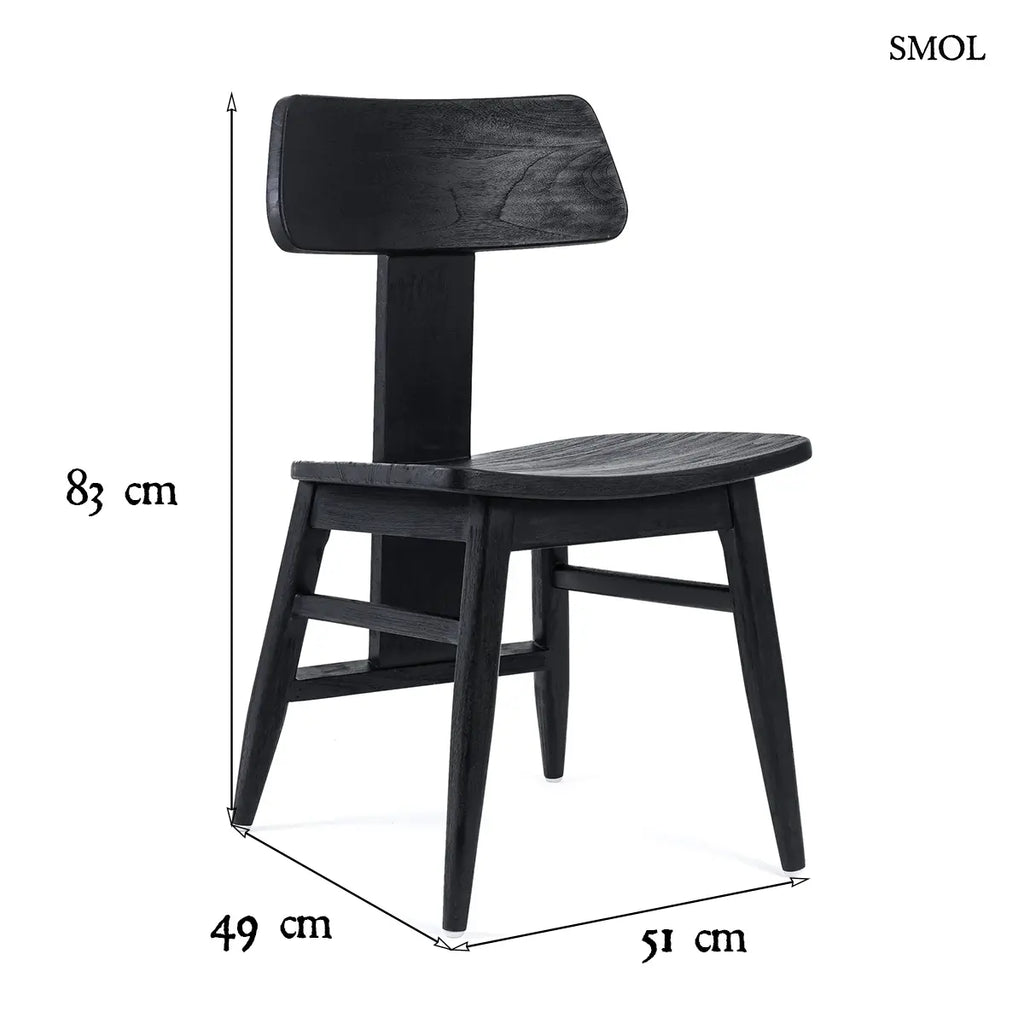 LovYa fekete tömör teakfa étkezőszék, skandináv design, méretekkel