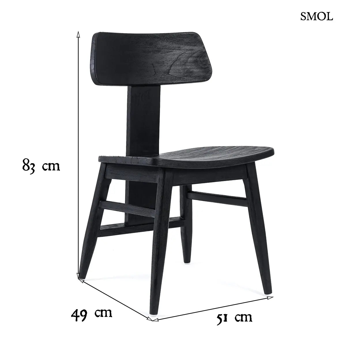 LovYa fekete tömör teakfa étkezőszék, skandináv design, méretekkel