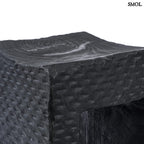 Fekete színű, rusztikus suárfa kisasztal és ülőke ülőfelülte oldalról