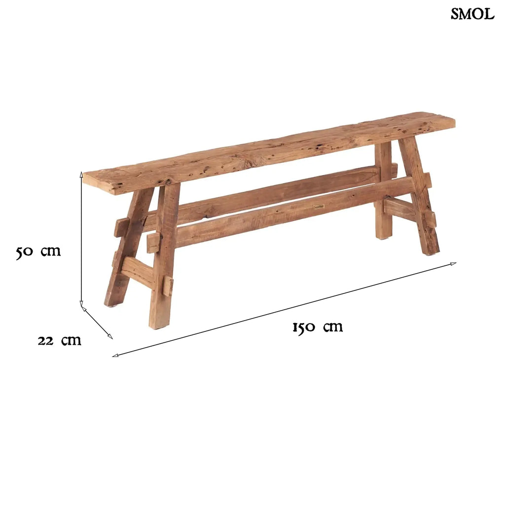 Natúr teakfából készült, rusztikus megjelenésű fa pad méretekkel