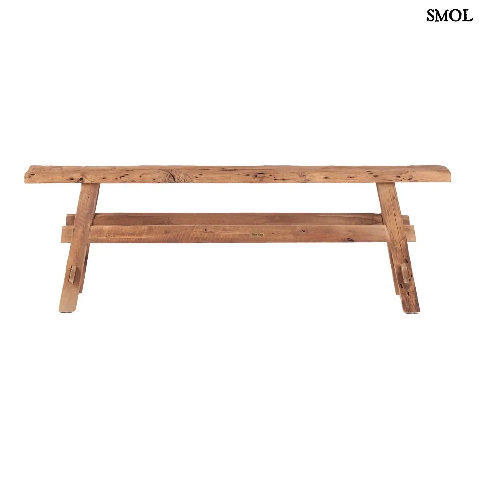 Natúr teakfából készült, rusztikus megjelenésű fa pad szemből