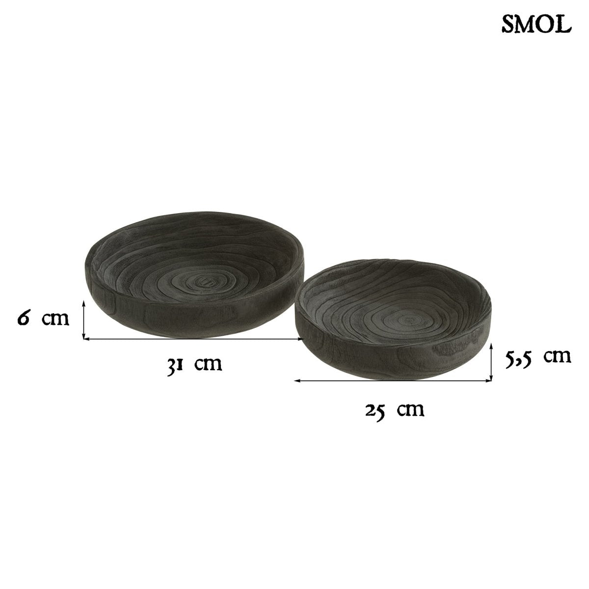 HUGO fa tál szett mélyen barázdált, sötét tónusú erezettel és rusztikus belső textúrával, méretekkel