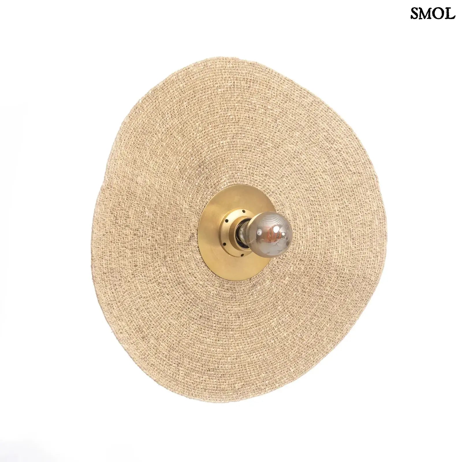 Fonott fali lámpa, kerek, natúr fűszövet árnyékolóval és sárgaréz középpel, elforgatva