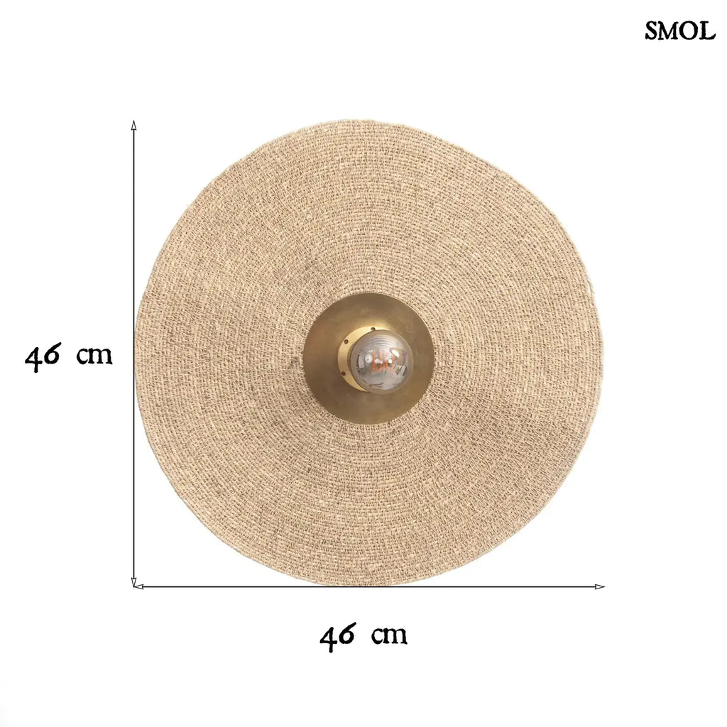 Fonott fali lámpa, kerek, natúr fűszövet árnyékolóval és sárgaréz középpel, méretekkel