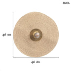 Fonott fali lámpa, kerek, natúr fűszövet árnyékolóval és sárgaréz középpel, méretekkel