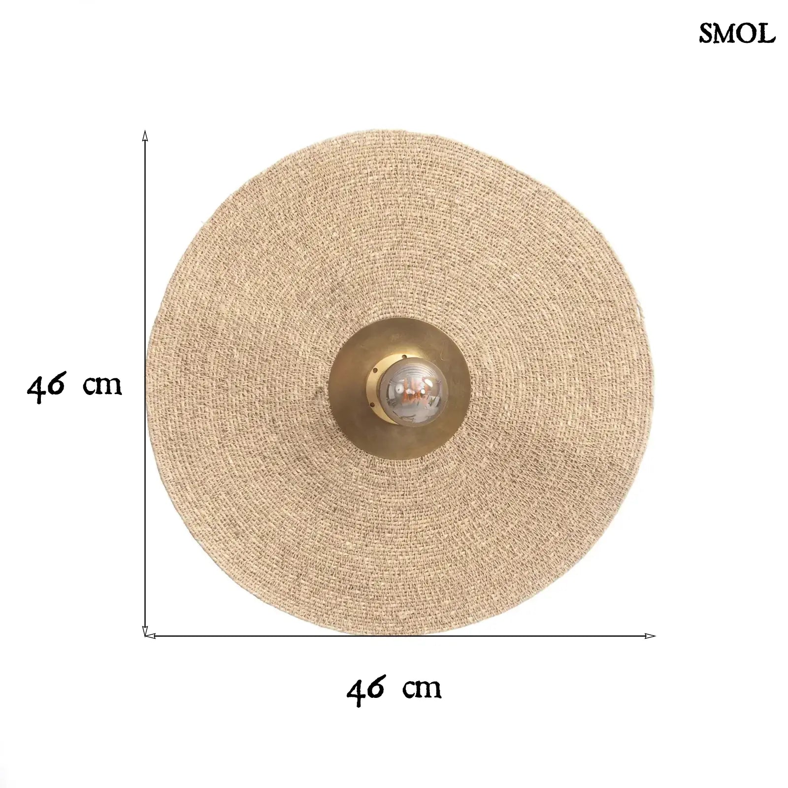 Fonott fali lámpa, kerek, natúr fűszövet árnyékolóval és sárgaréz középpel, méretekkel