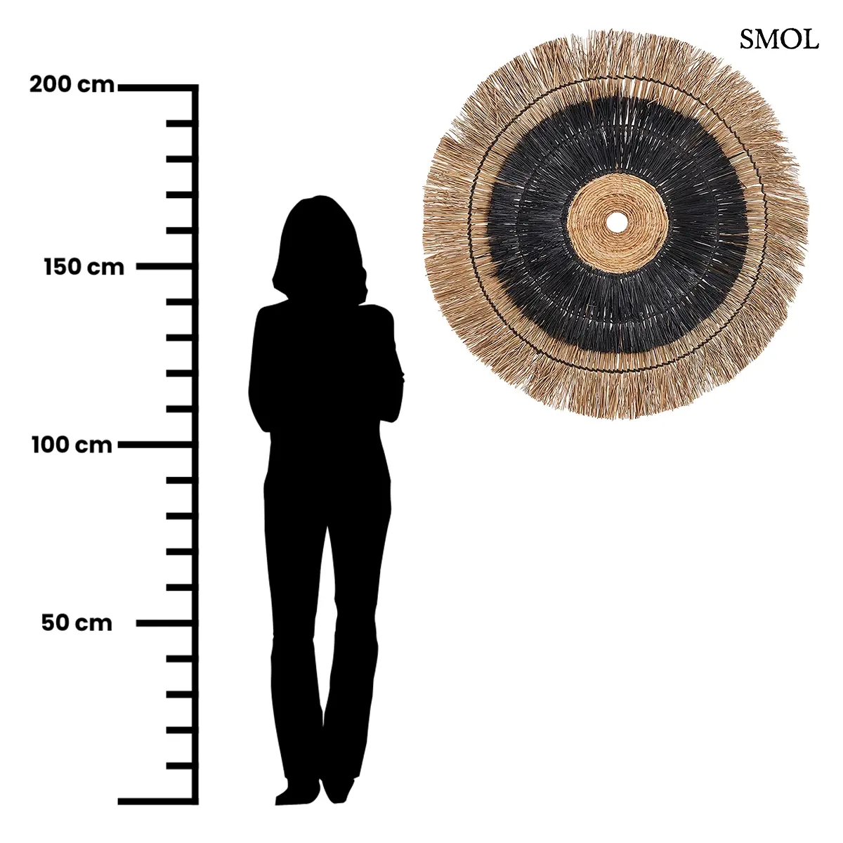 Kerek fekete banánlevél fali dekoráció, 110 cm átmérő, méretarányosan