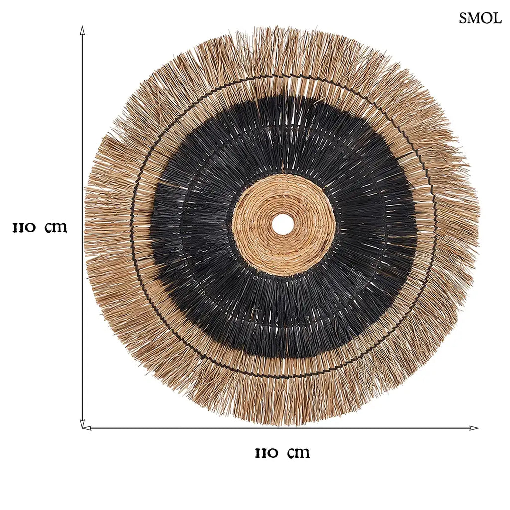 Kerek fekete banánlevél fali dekoráció, 110 cm átmérő, méretekkel