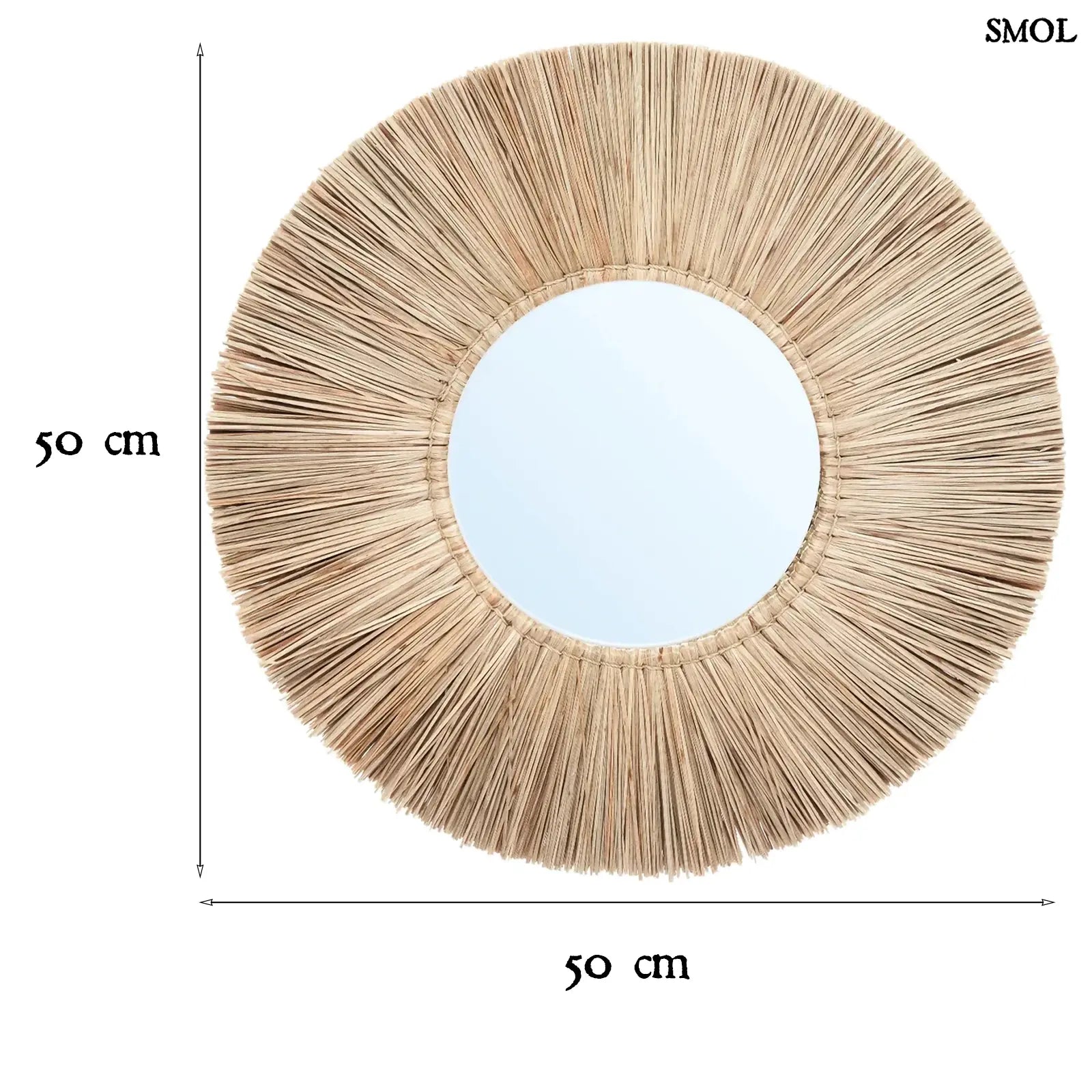 Boho stílusú, természetes fűből készült kör alakú falitükör, méretarányosan