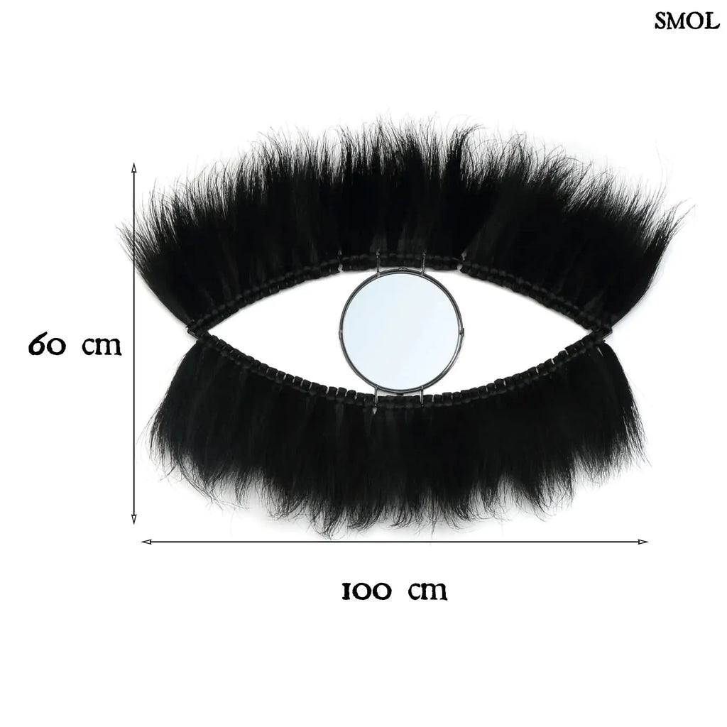 Falitükör fekete fűből, ovális formában, természetes anyagból készült, méretekkel